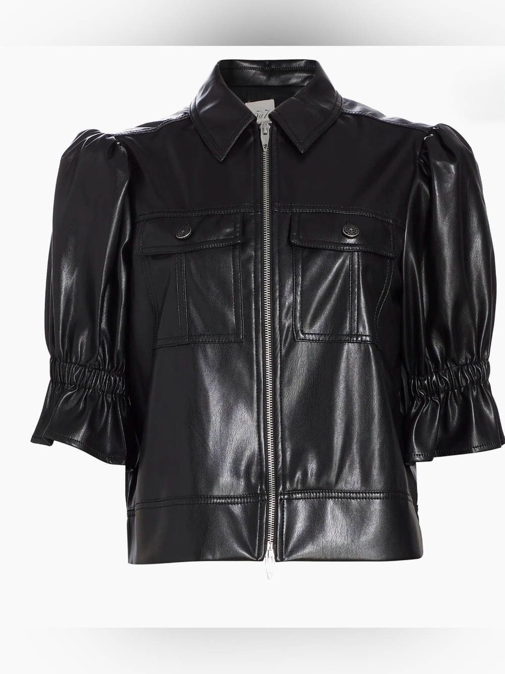 cinq a sept Black Faux Leather Zip-Front Jacket with Puff Sleeves